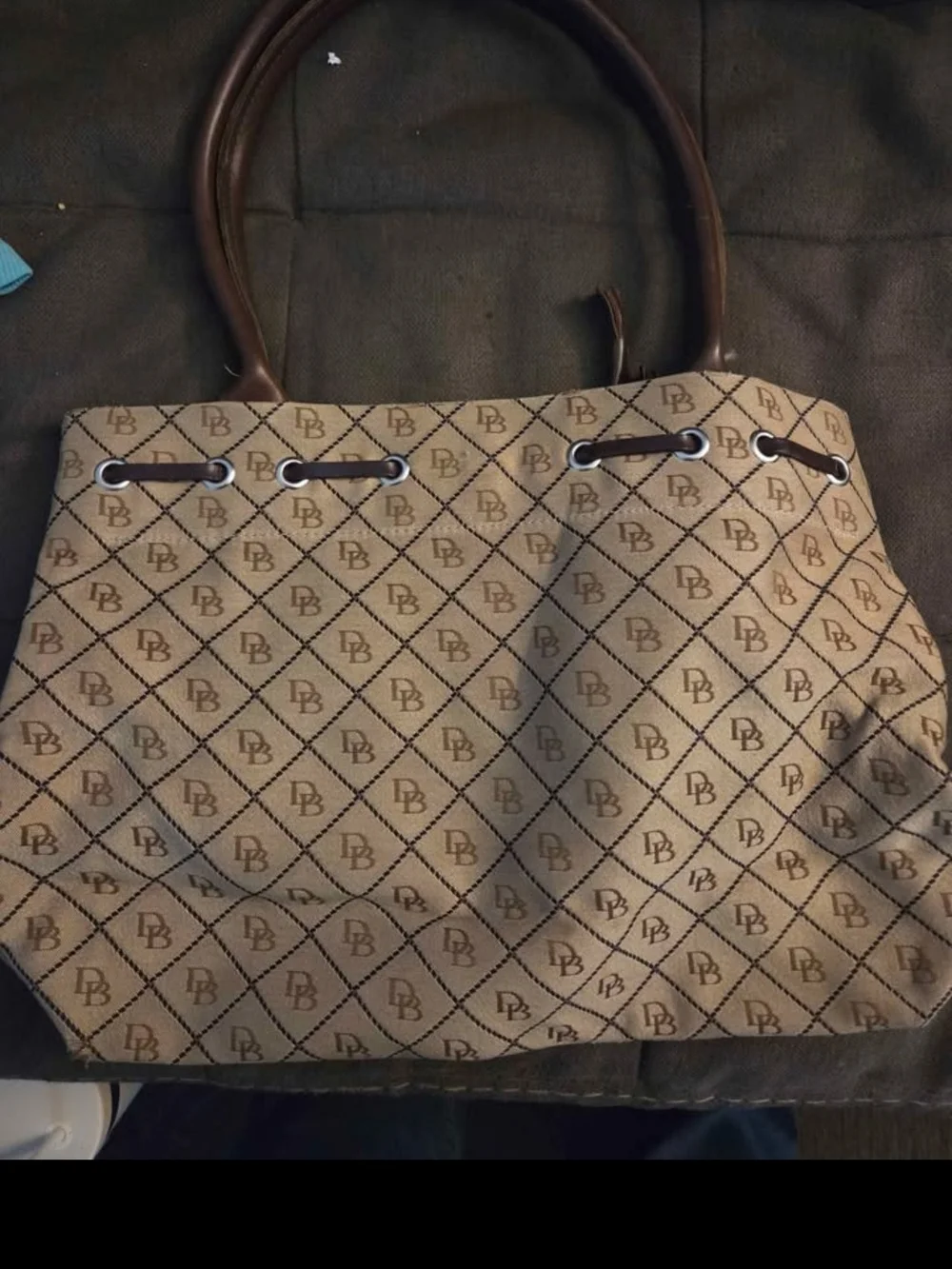 Dooney & Bourke Beige Monogram Tote with Brown Leather Handles